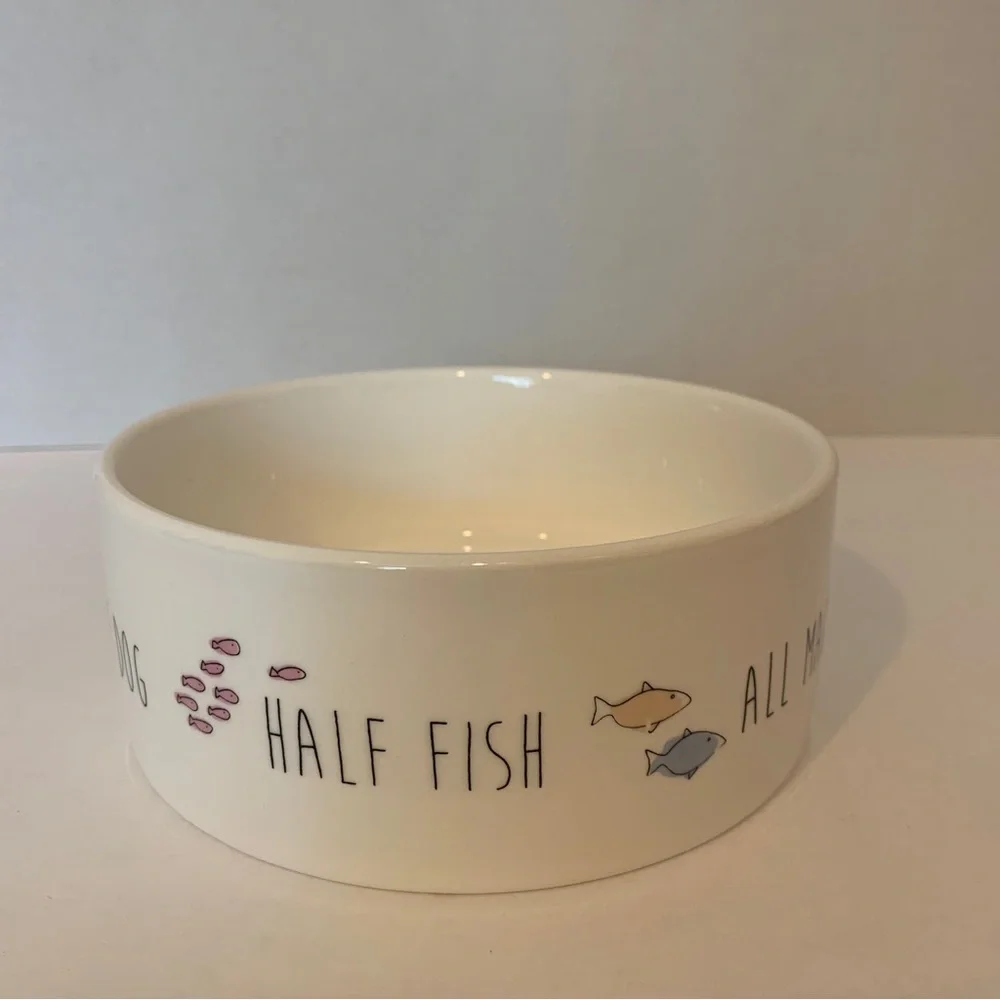 Dog Bowl 6” Round Dishwasher Microwave Safe Dish Cream Color Fish Dog Design